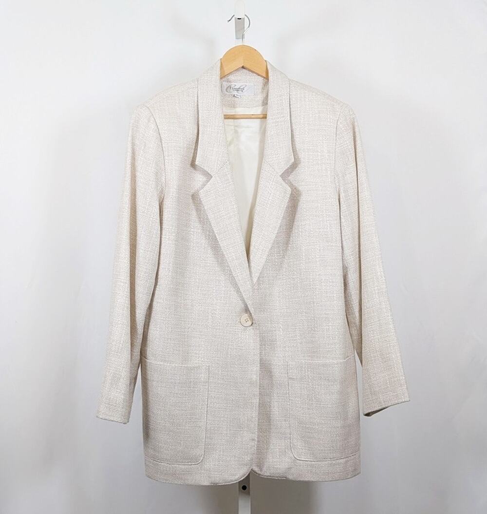Vintage 90s Jacket Beige White Rayon Oversize Women's Size L Corpcore